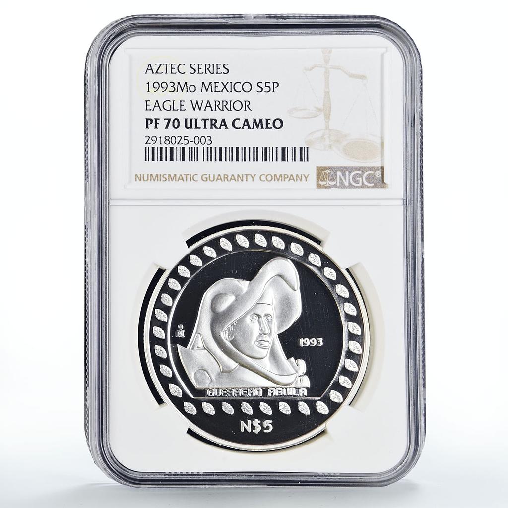 Mexico 5 pesos Precolombina Guerrero Aguila Eagle Warrior PF70 NGC Ag coin 1993