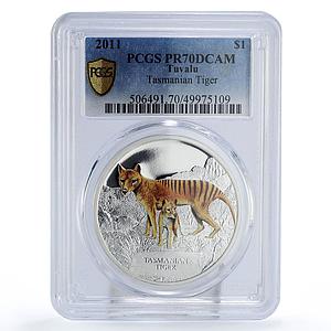 Tuvalu 1 dollar Conservation Wildlife Tasmanian Tiger PR70 PCGS silver coin 2011