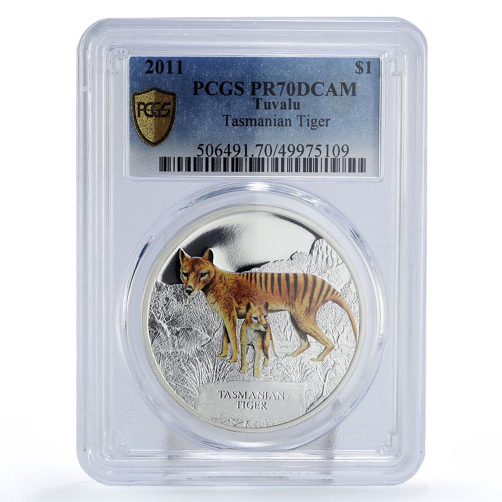 Tuvalu 1 dollar Conservation Wildlife Tasmanian Tiger PR70 PCGS silver coin 2011