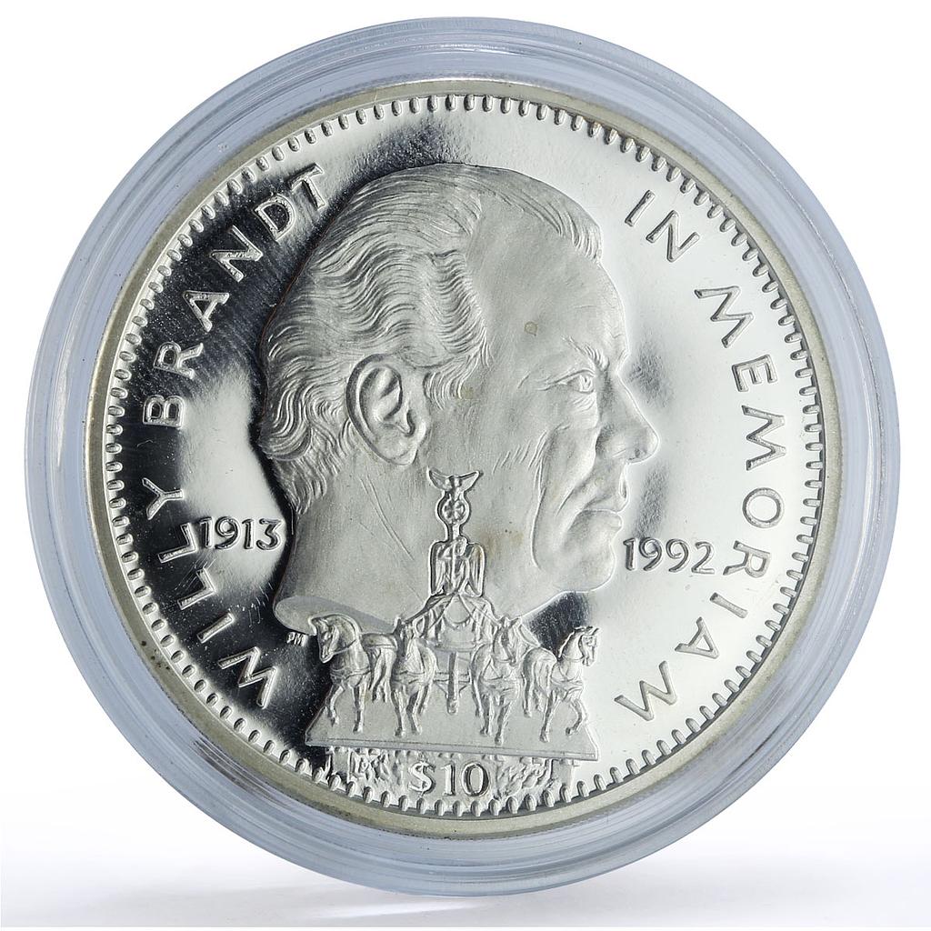 Liberia 10 dollars Chancellor Willy Brandt Politics proof silver coin 1992