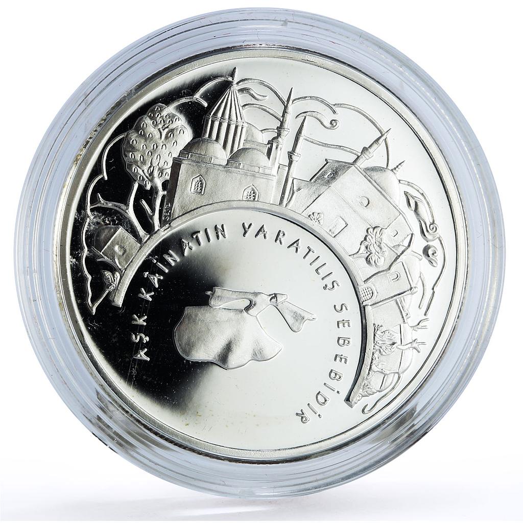 Turkey 30 lira Poet Mevlana Rumi Village Scene Literature silver coin 2007