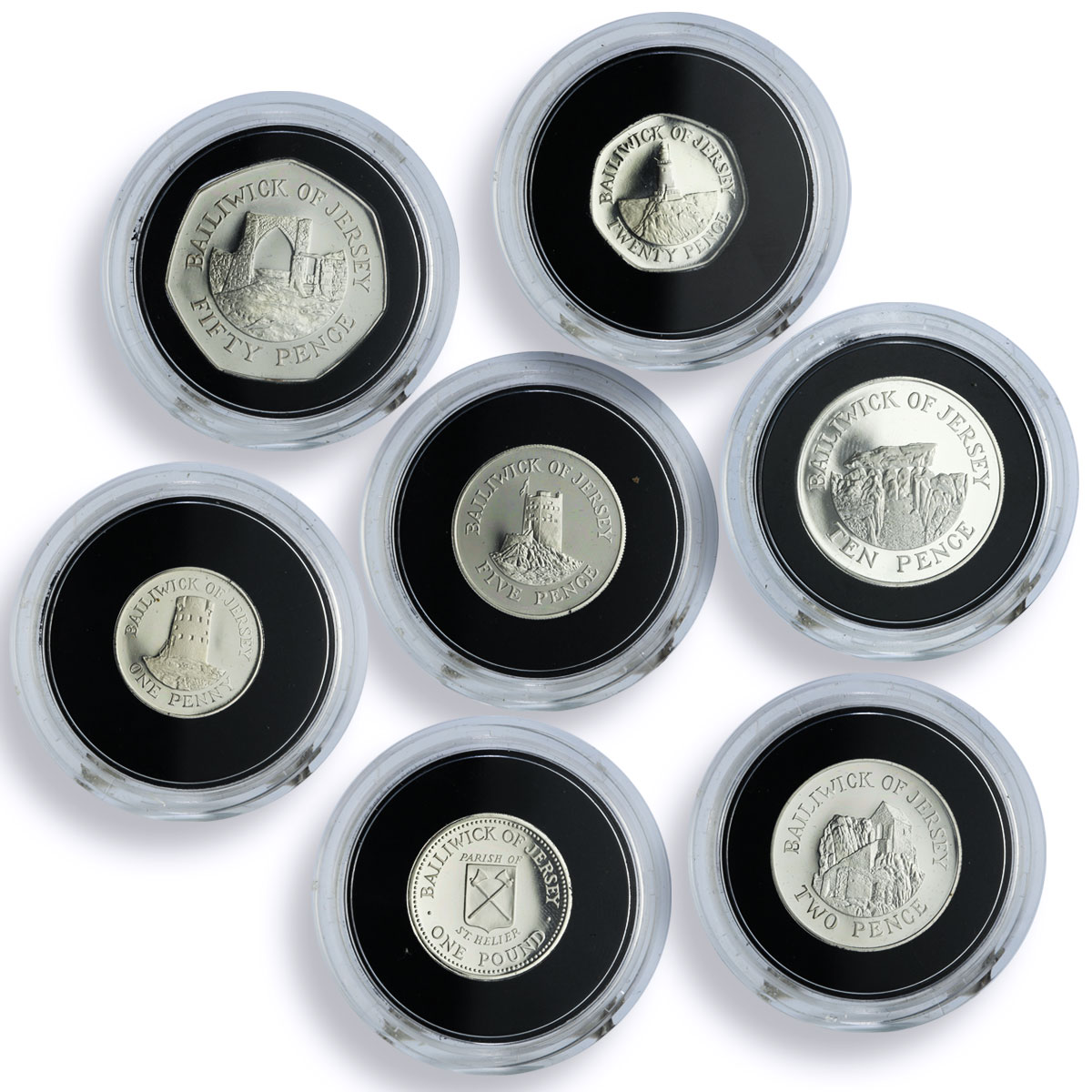 Jersey 1 pound 50 20 10 5 2 1 pence Set Landmarks Architecture silver coins 1983