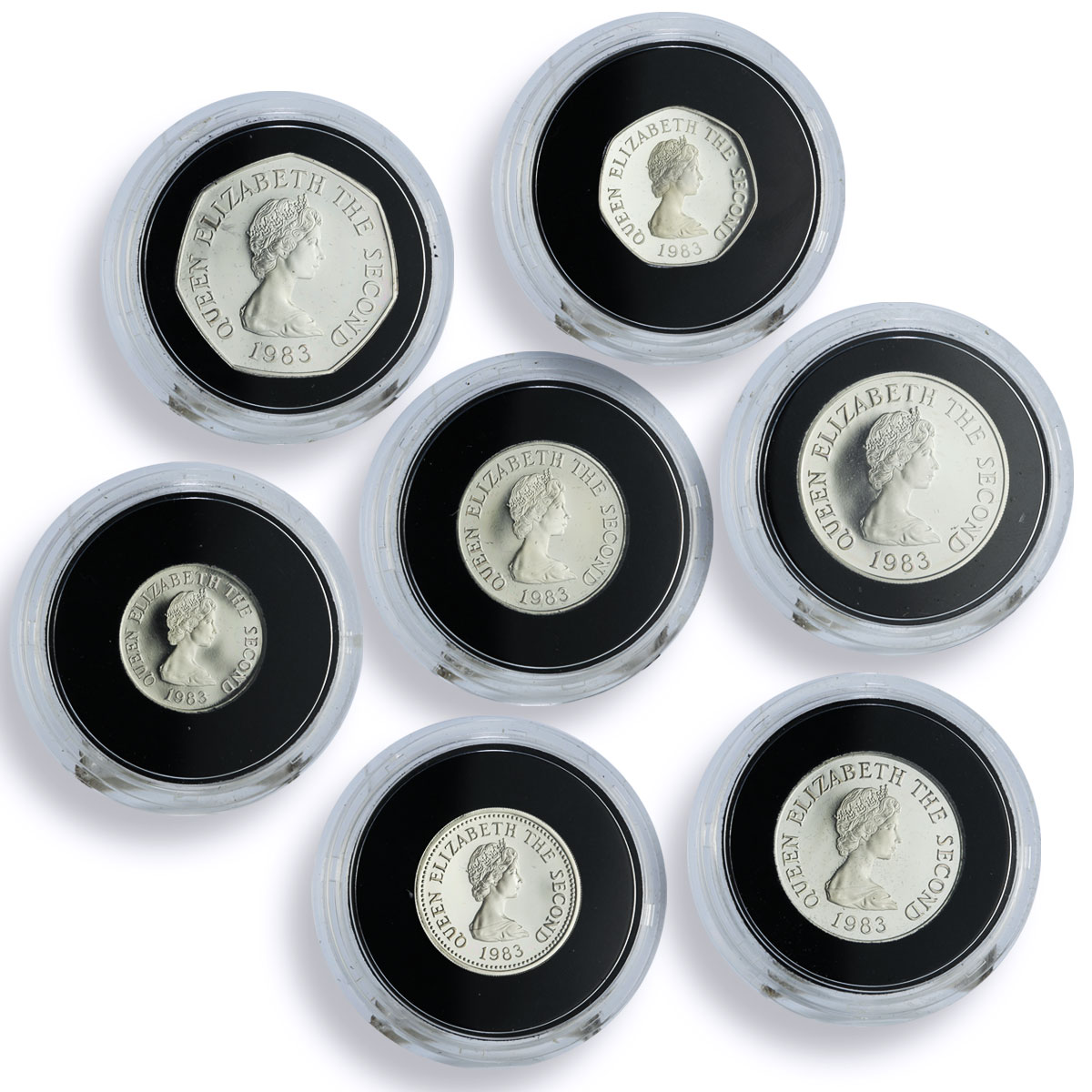 Jersey 1 pound 50 20 10 5 2 1 pence Set Landmarks Architecture silver coins 1983