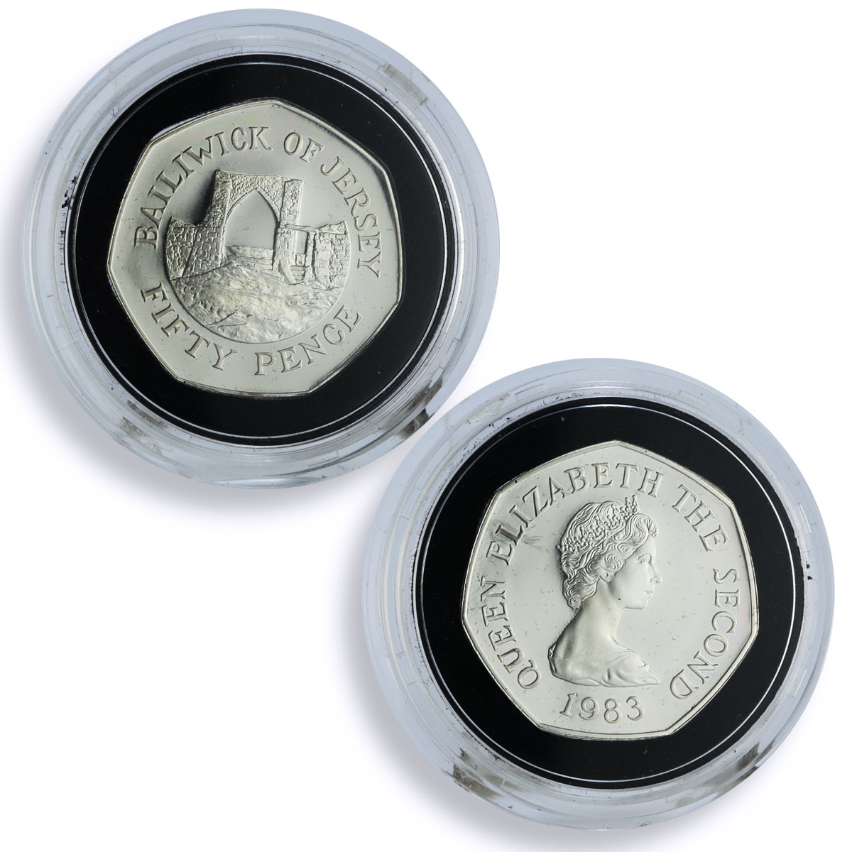 Jersey 1 pound 50 20 10 5 2 1 pence Set Landmarks Architecture silver coins 1983