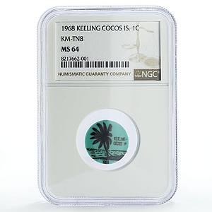 Keeling Cocos Is. 1 cent Palm Tree Sea Beach KM-Tn8 Aqua Blue MS64 NGC coin 1968
