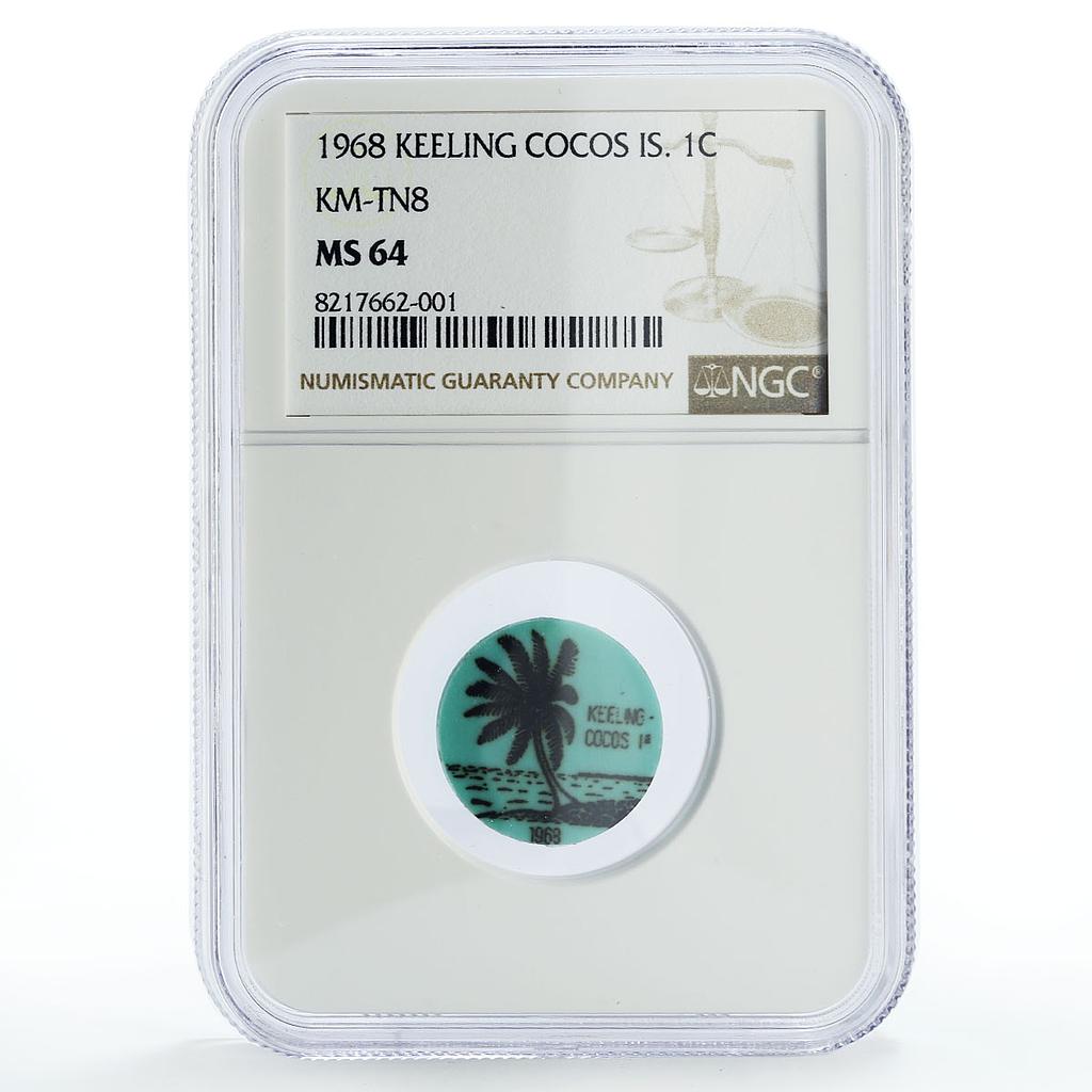 Keeling Cocos Is. 1 cent Palm Tree Sea Beach KM-Tn8 Aqua Blue MS64 NGC coin 1968