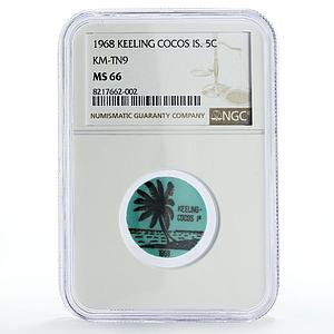 Keeling Cocos 5 cents Palm Tree Sea Beach KM-Tn9 Aqua Blue MS66 NGC coin 1968