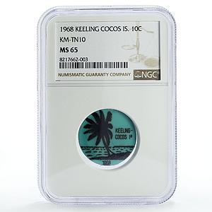 Keeling Cocos 10 cents Palm Tree Sea Beach KM-Tn10 Aqua Blue MS65 NGC coin 1968