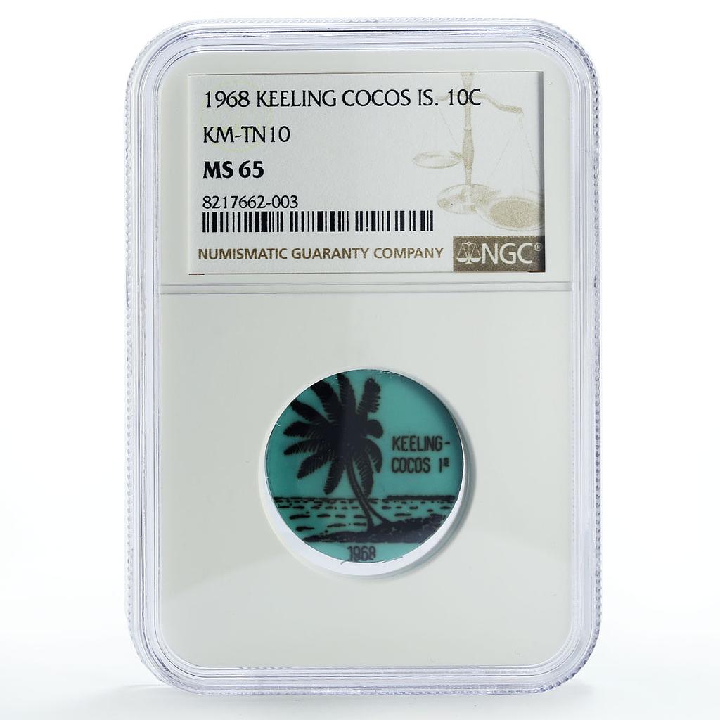 Keeling Cocos 10 cents Palm Tree Sea Beach KM-Tn10 Aqua Blue MS65 NGC coin 1968