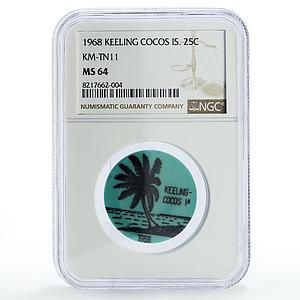 Keeling Cocos 25 cents Palm Tree Sea Beach KM-Tn11 Aqua Blue MS64 NGC coin 1968