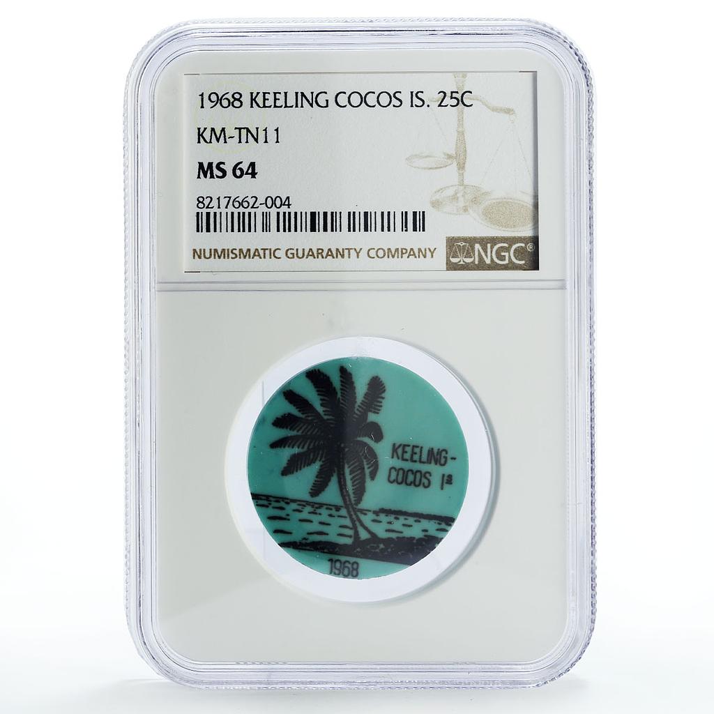 Keeling Cocos 25 cents Palm Tree Sea Beach KM-Tn11 Aqua Blue MS64 NGC coin 1968