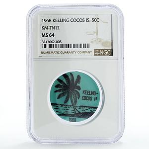 Keeling Cocos 50 cents Palm Tree Sea Beach KM-Tn12 Aqua Blue MS64 NGC coin 1968