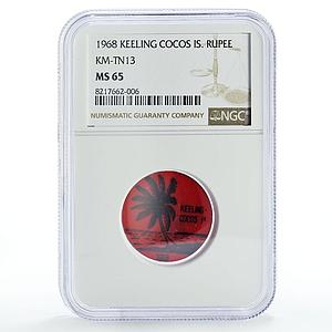 Keeling Cocos Is. 1 rupee Palm Tree Sea Beach KM-Tn13 Red MS65 NGC coin 1968