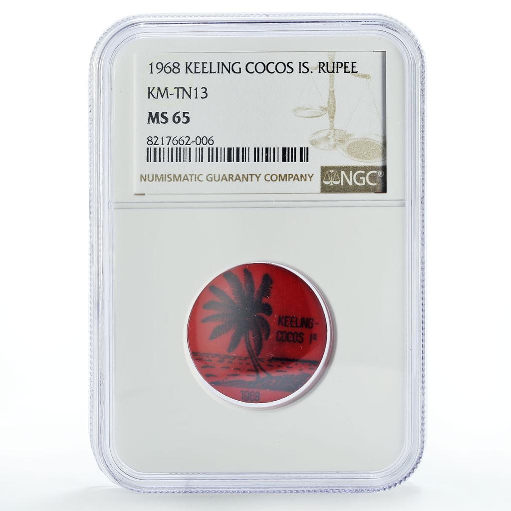 Keeling Cocos Is. 1 rupee Palm Tree Sea Beach KM-Tn13 Red MS65 NGC coin 1968