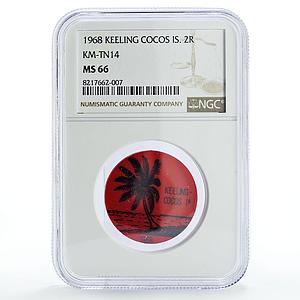 Keeling Cocos Is. 2 rupees Palm Tree Sea Beach KM-Tn14 Red MS66 NGC coin 1968