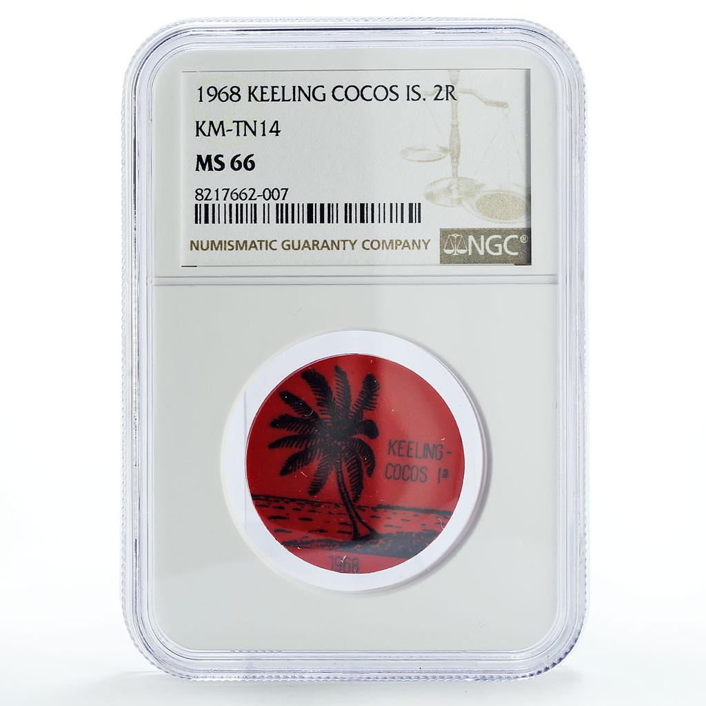 Keeling Cocos Is. 2 rupees Palm Tree Sea Beach KM-Tn14 Red MS66 NGC coin 1968