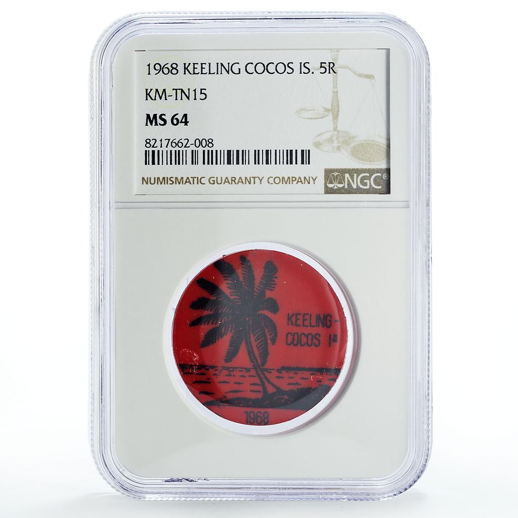 Keeling Cocos Is. 5 rupees Palm Tree Sea Beach KM-Tn15 Red MS64 NGC coin 1968