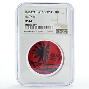 Keeling Cocos Is. 10 rupees Palm Tree Sea Beach KM-Tn16 Red MS64 NGC coin 1968