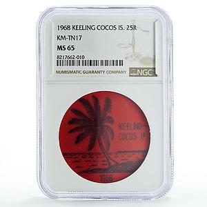 Keeling Cocos Is. 25 rupees Palm Tree Sea Beach KM-Tn17 Red MS65 NGC coin 1968