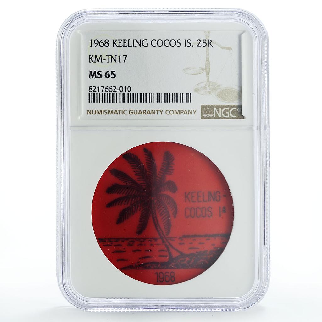 Keeling Cocos Is. 25 rupees Palm Tree Sea Beach KM-Tn17 Red MS65 NGC coin 1968