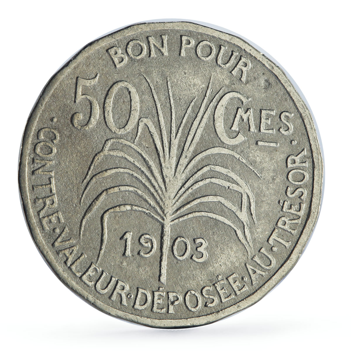 France Guadeloupe 50 centimes Colonial Coinage Arawak Man KM-40 CuNi coin 1903
