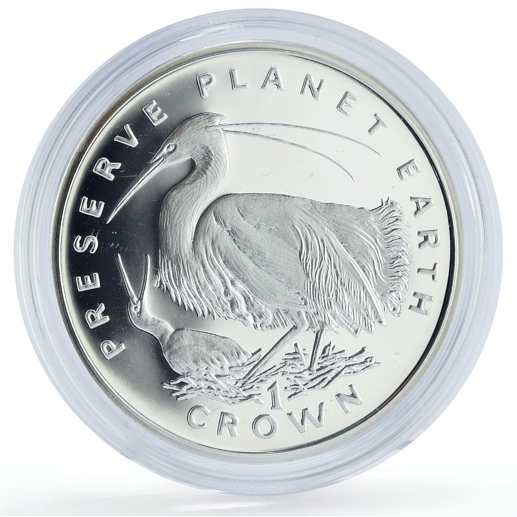 Isle of Man 1 crown Preserve Planet Earth Egret Bird Fauna silver coin 1995