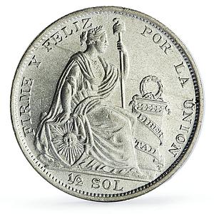 Peru 1/2 sol Republic Regular Coinage Seated Liberty KM-216 silver coin 1923