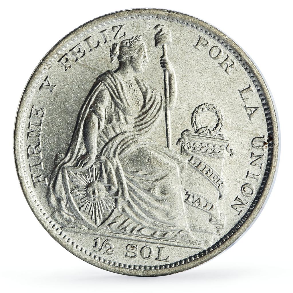 Peru 1/2 sol Republic Regular Coinage Seated Liberty KM-216 silver coin 1923