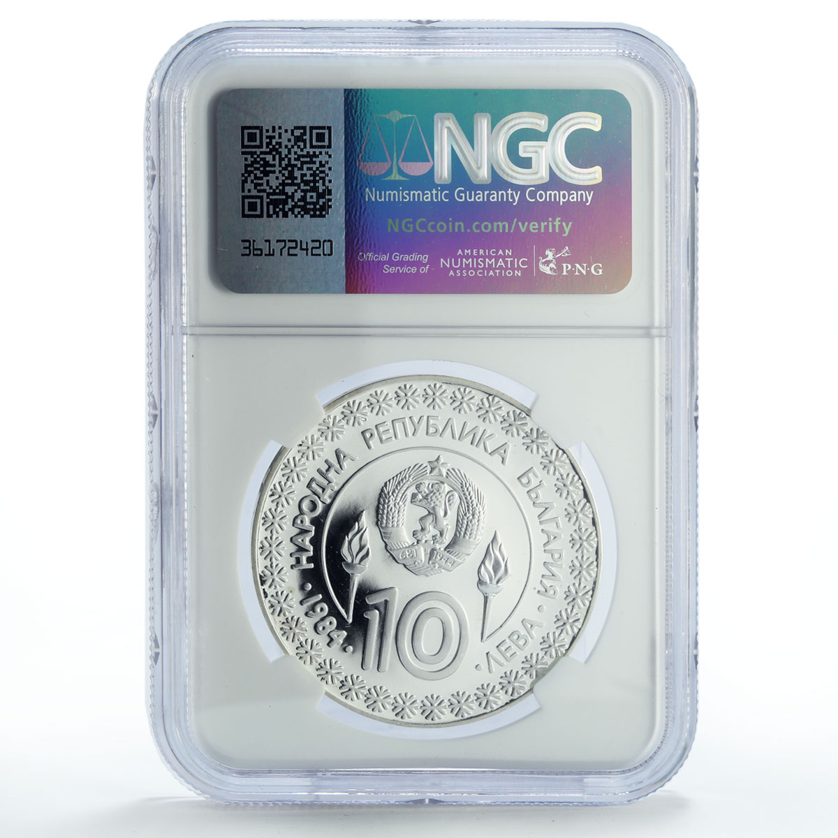 Bulgaria 10 leva Winter Olympic Games Downhill Skier PF68 NGC silver coin 1984