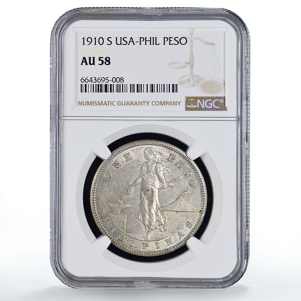 Philippines US 1 peso Republic Coinage Walking Liberty AU58 NGC silver coin 1910