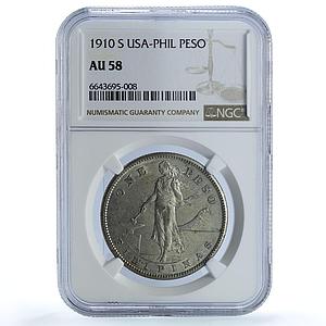 Philippines US 1 peso Republic Coinage Walking Liberty AU58 NGC silver coin 1910