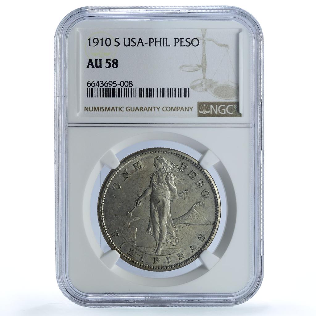Philippines US 1 peso Republic Coinage Walking Liberty AU58 NGC silver coin 1910 Philippines US 1 peso Republic Coinage Walking Liberty AU58 NGC silver coin 1910
