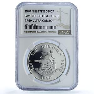 Philippines 200 piso UNICEF Save the Children Child Year PF69 NGC Ag coin 1990