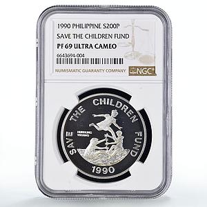 Philippines 200 piso UNICEF Save the Children Child Year PF69 NGC Ag coin 1990