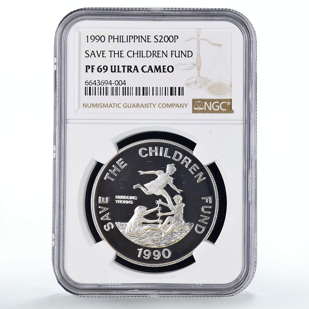 Philippines 200 piso UNICEF Save the Children Child Year PF69 NGC Ag coin 1990