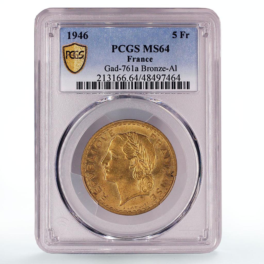 France 5 francs Republic Coinage Laureate Head MS64 PCGS AlBronze coin 1946