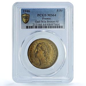 France 5 francs Republic Coinage Laureate Head MS64 PCGS AlBronze coin 1946