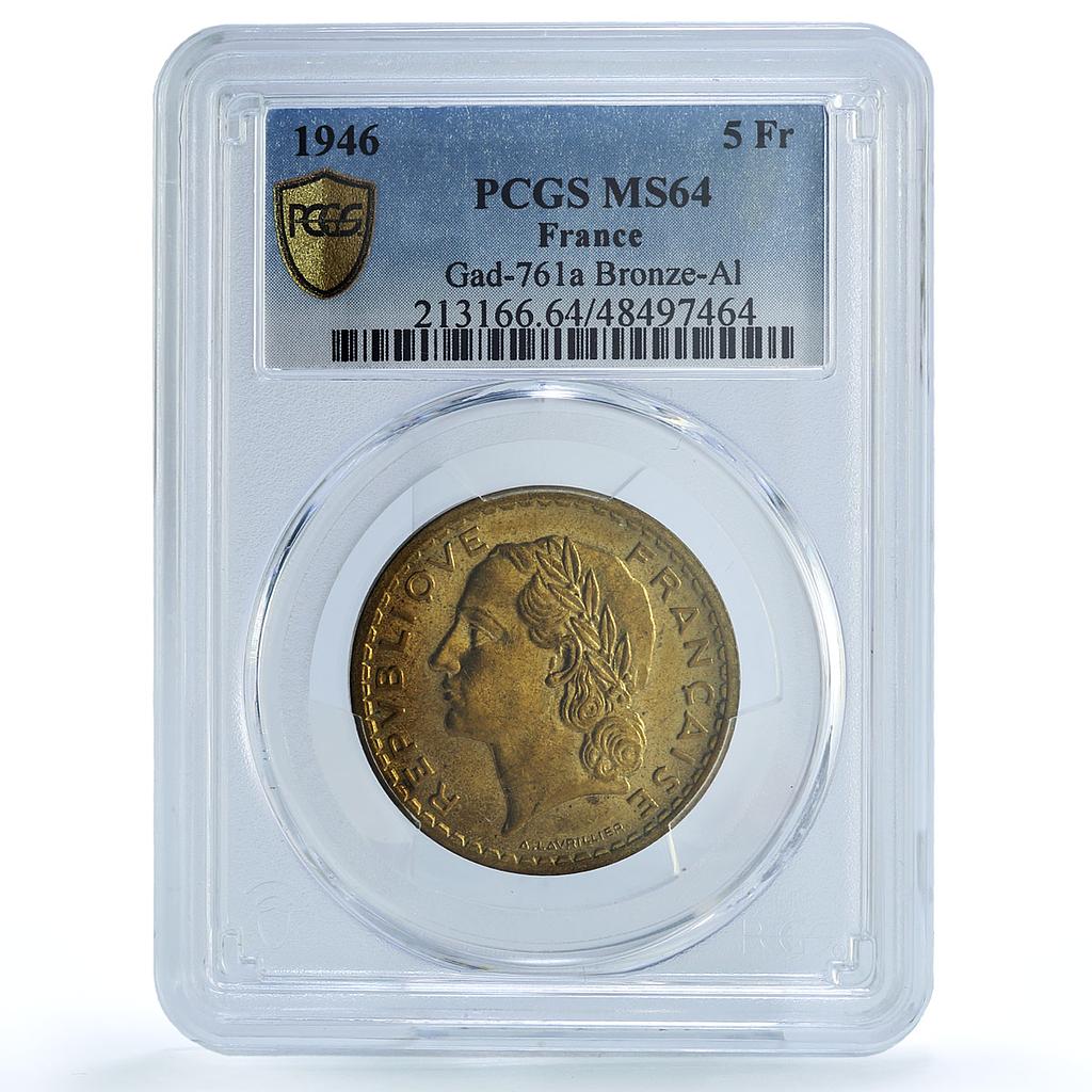 France 5 francs Republic Coinage Laureate Head MS64 PCGS AlBronze coin 1946 France 5 francs Republic Coinage Laureate Head MS64 PCGS AlBronze coin 1946
