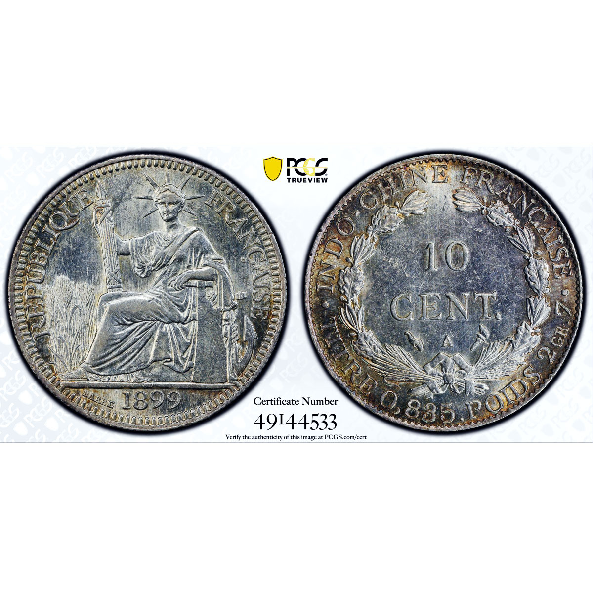 France French Indochina 10 cents Seated Liberty KM-9 MS62 PCGS silver coin 1899
