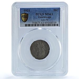 France Guadeloupe 50 centimes Colonial Coinage Arawak Man MS63 PCGS Ni coin 1921