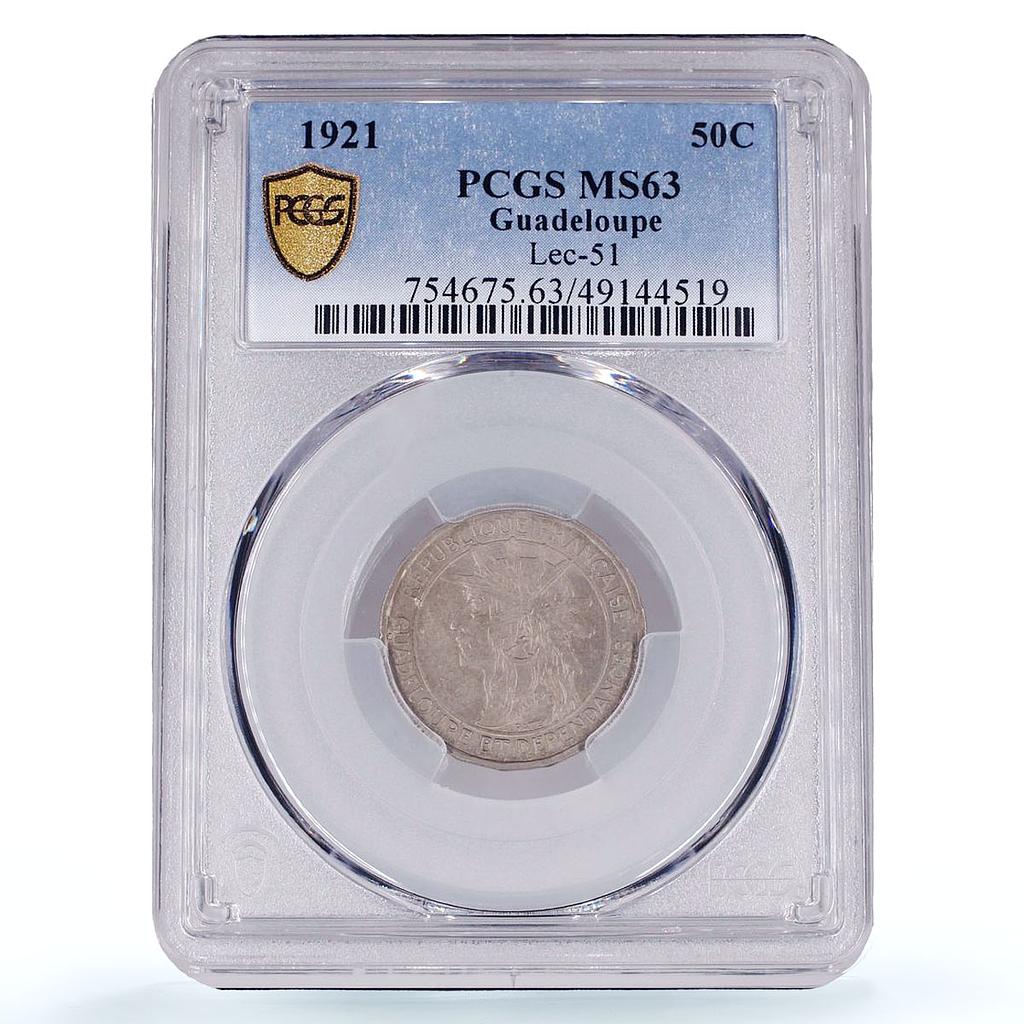 France Guadeloupe 50 centimes Colonial Coinage Arawak Man MS63 PCGS Ni coin 1921