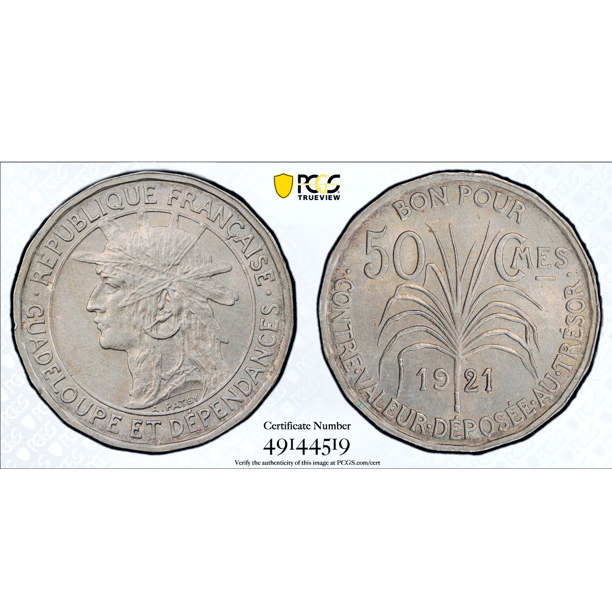 France Guadeloupe 50 centimes Colonial Coinage Arawak Man MS63 PCGS Ni coin 1921