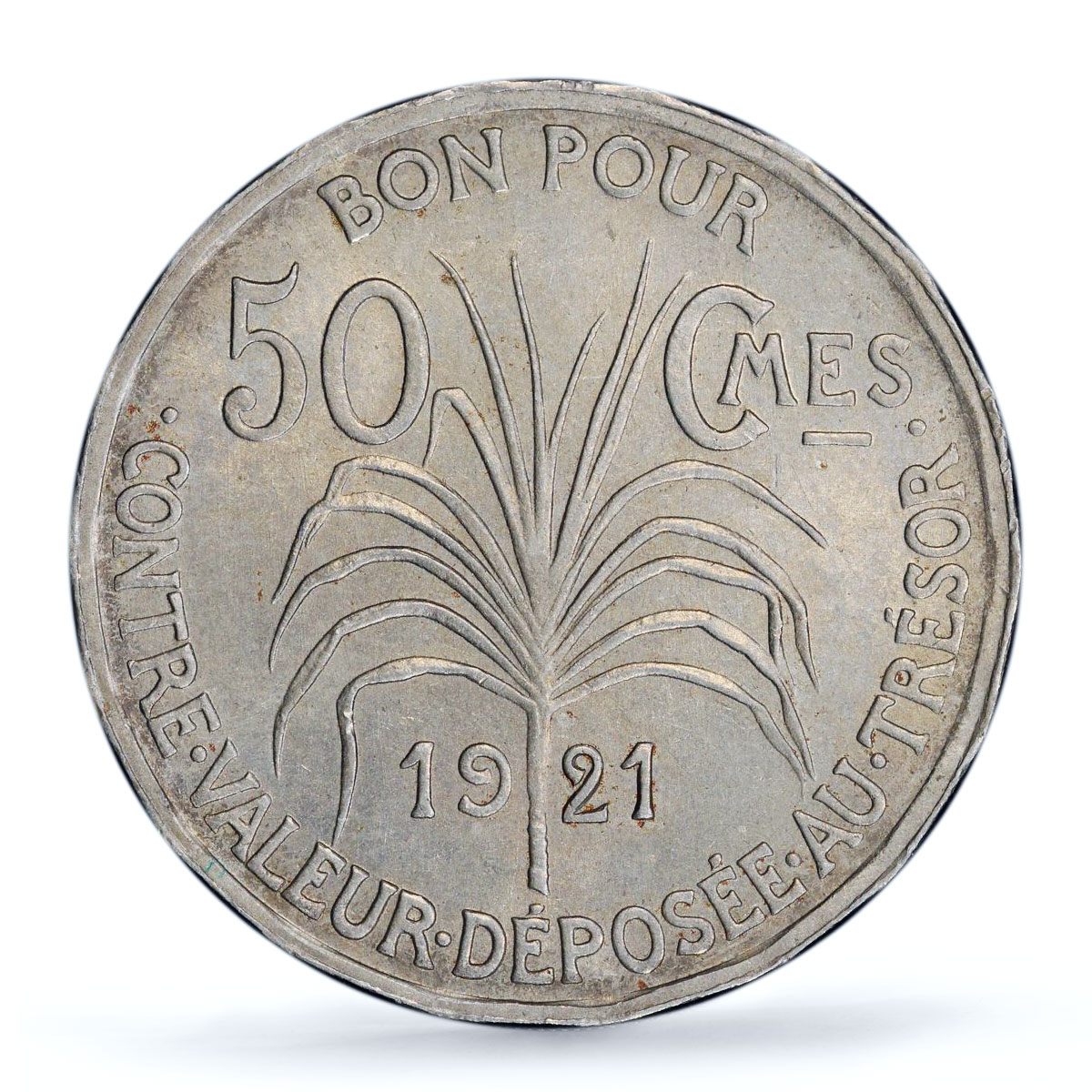 France Guadeloupe 50 centimes Colonial Coinage Arawak Man MS63 PCGS Ni coin 1921