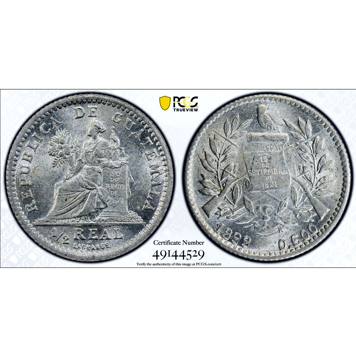 Guatemala 1/2 real Republic Coinage Liberty Libertad MS63 PCGS silver coin 1899