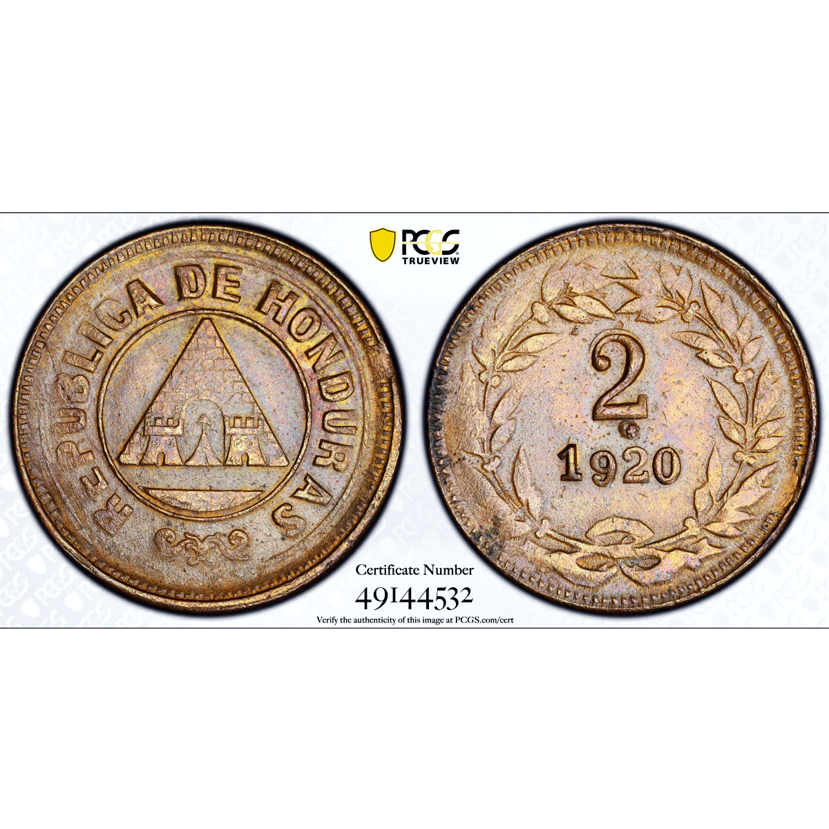 Honduras 2 centavos Republic Coinage With Dot KM-71 PCGS bronze coin 1920
