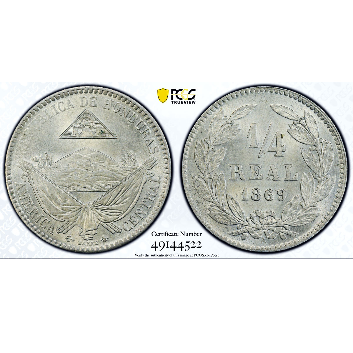 Honduras 1/4 real Republic Coinage Anchor Bee KM-31 MS65 PCGS NiBrass coin 1869
