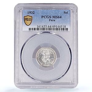 Peru 1 sol Republic Coinage National Defence Indian MS64 PCGS silver coin 1932