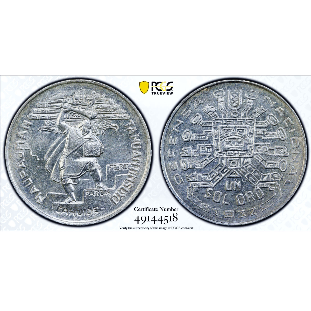 Peru 1 sol Republic Coinage National Defence Indian MS64 PCGS silver coin 1932