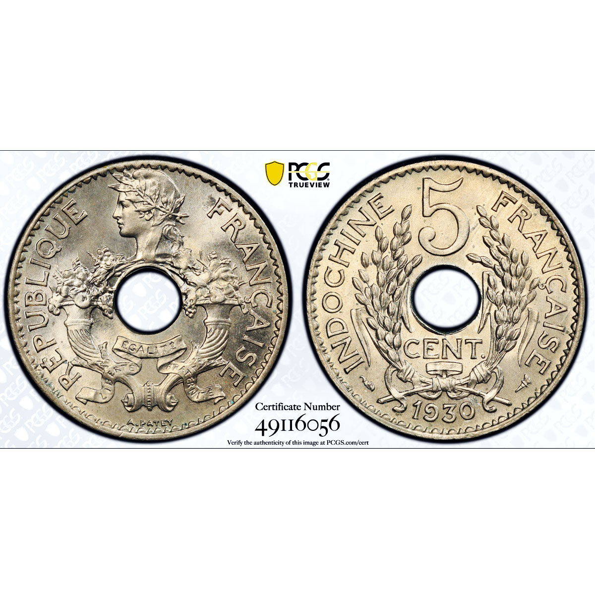 France French Indochina 5 cents Republic Coinage KM-18 UNC PCGS CuNi coin 1930