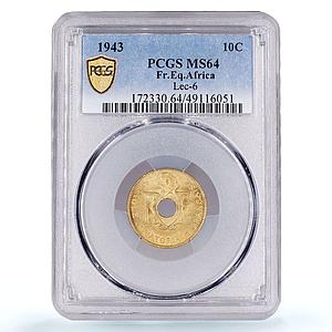 France East Africa 10 centimes Republic Coinage KM-4 MS64 PCGS brass coin 1943